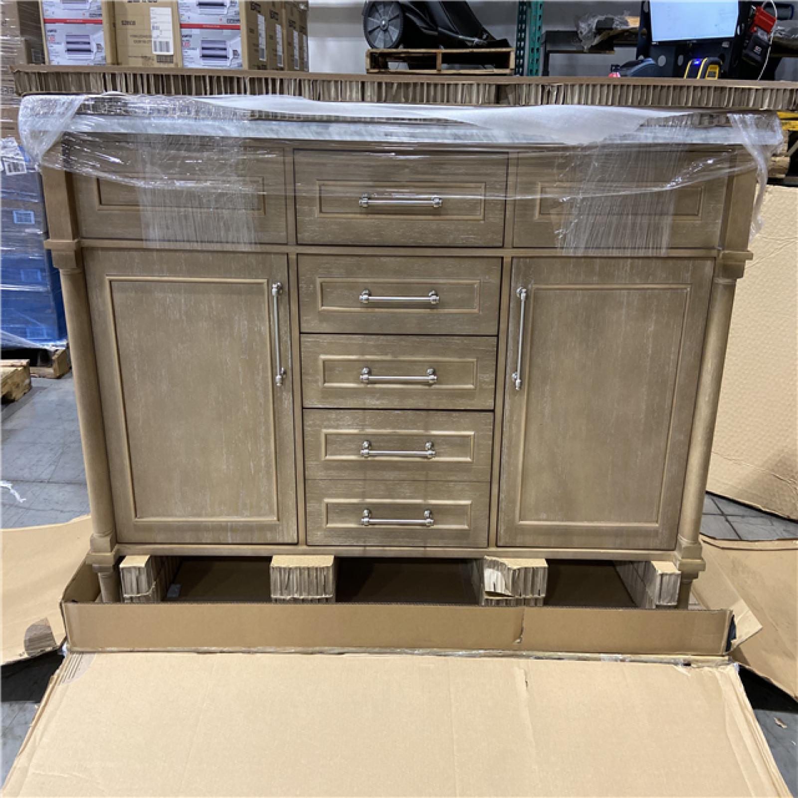 DALLAS LOCATION - Home Decorators Collection Aberdeen 60 in. Double Sink Antique Oak Bath Vanity with Carrara Marble Top (Assembled)