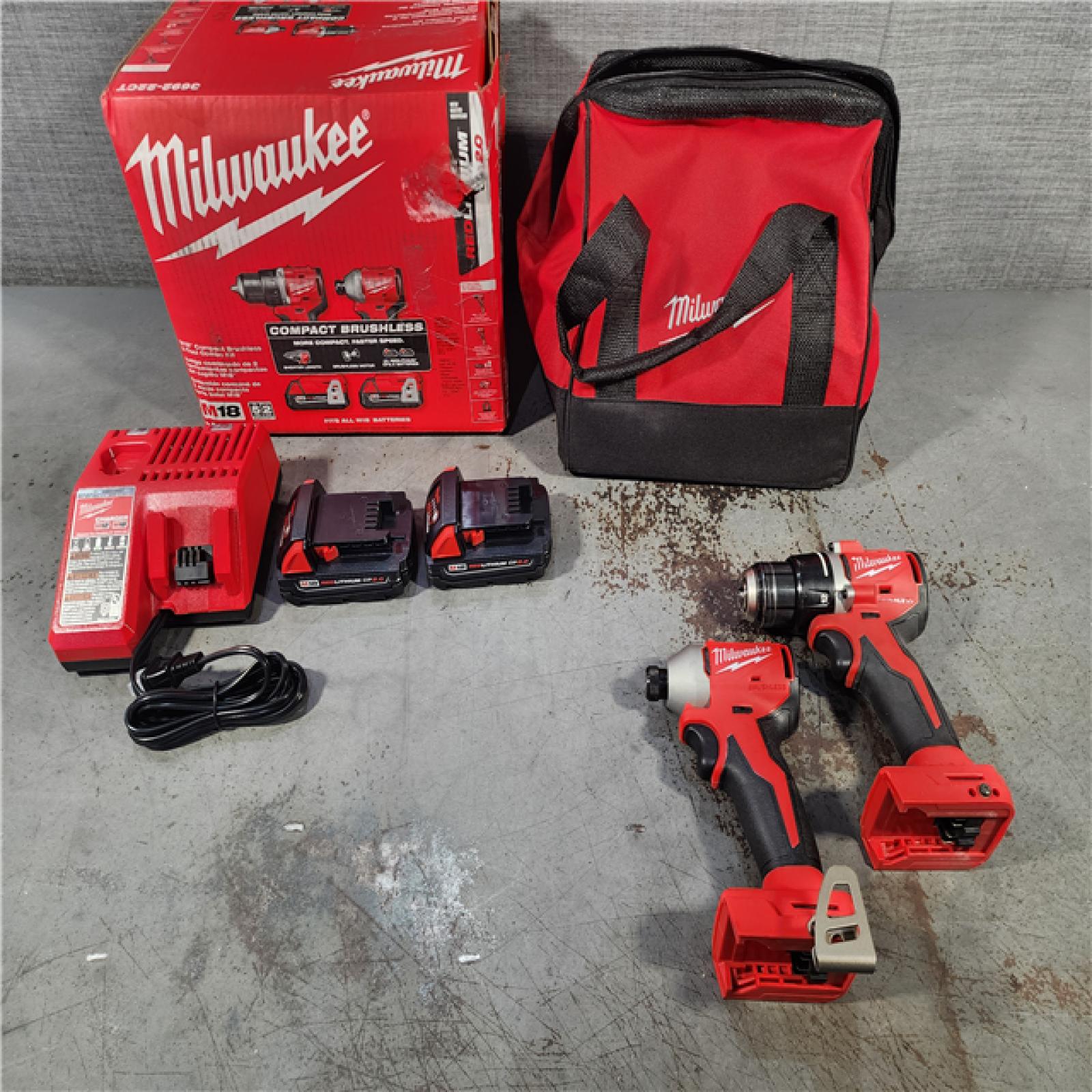 HOUSTON LOCATION - AS-IS M18 18V Lithium-Ion Brushless Cordless Compact Drill/Impact Combo Kit (2-Tool) W/(2) 2.0 Ah Batteries, Charger & Bag