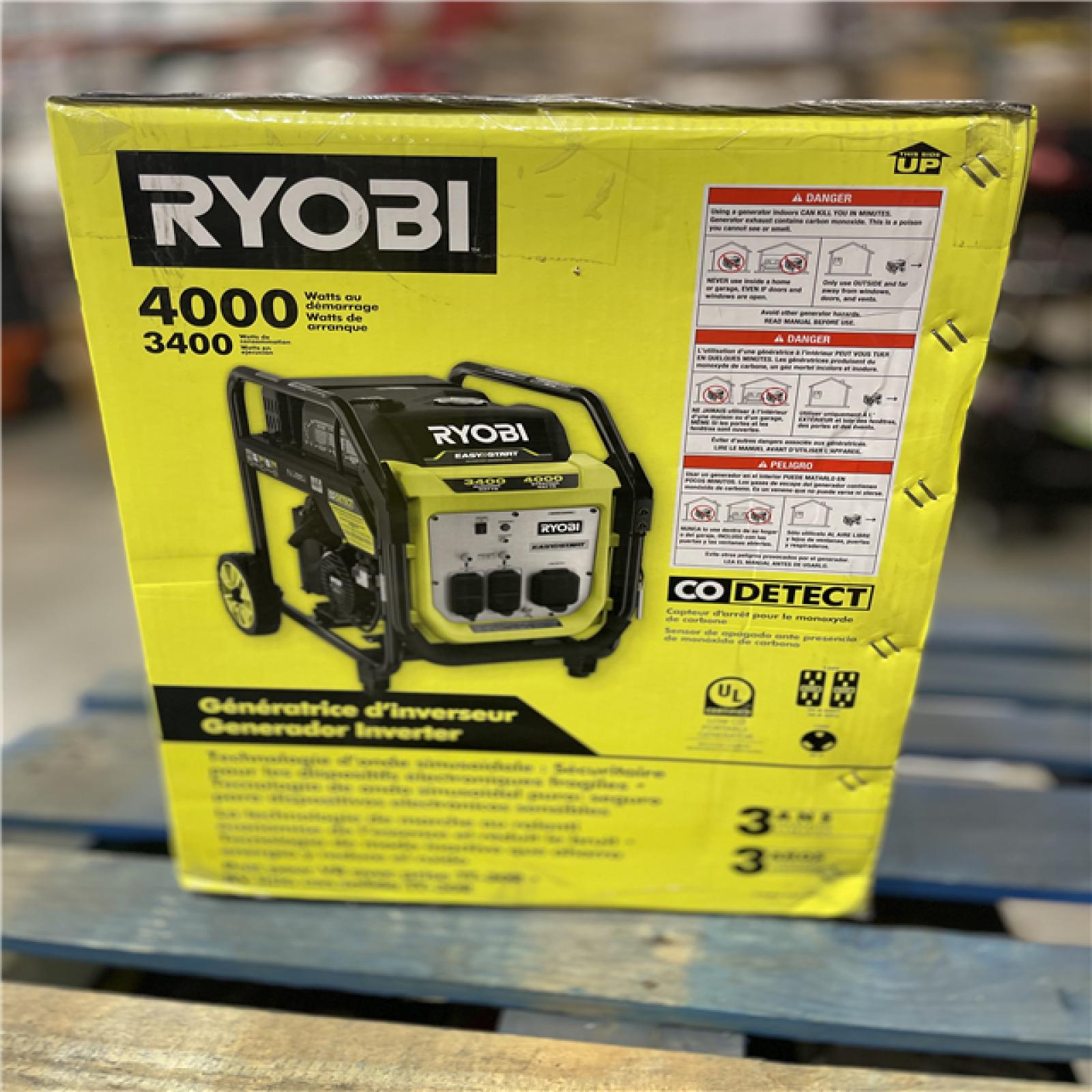 DALLAS LOCATION- NEW! RYOBI 4000 WATT GAS GENERATOR WITH CO DETECT