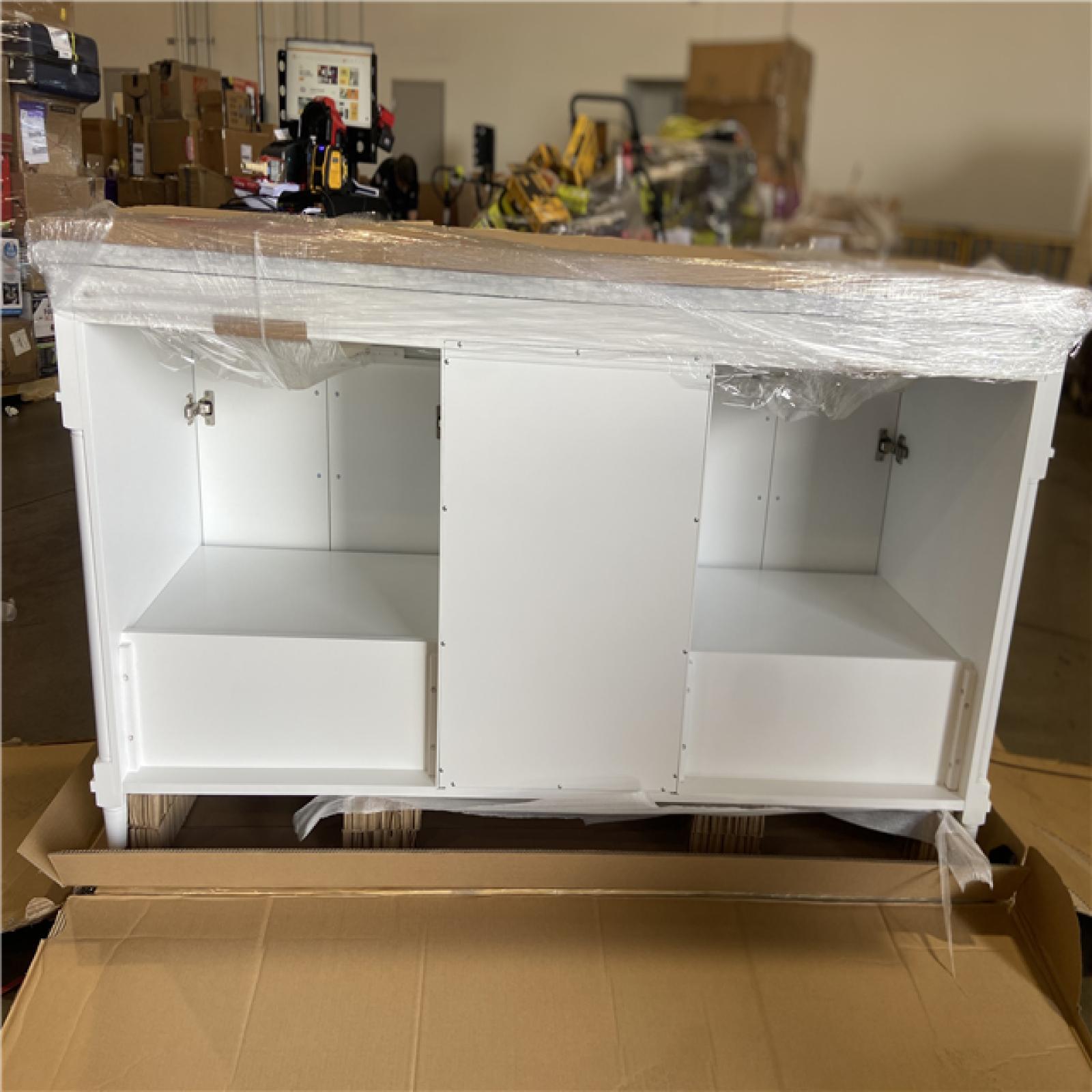 DALLAS LOCATION - Home Decorators Collection Aberdeen 72 in. Double Sink Freestanding White Bath Vanity with Carrara Marble Top (Assembled)