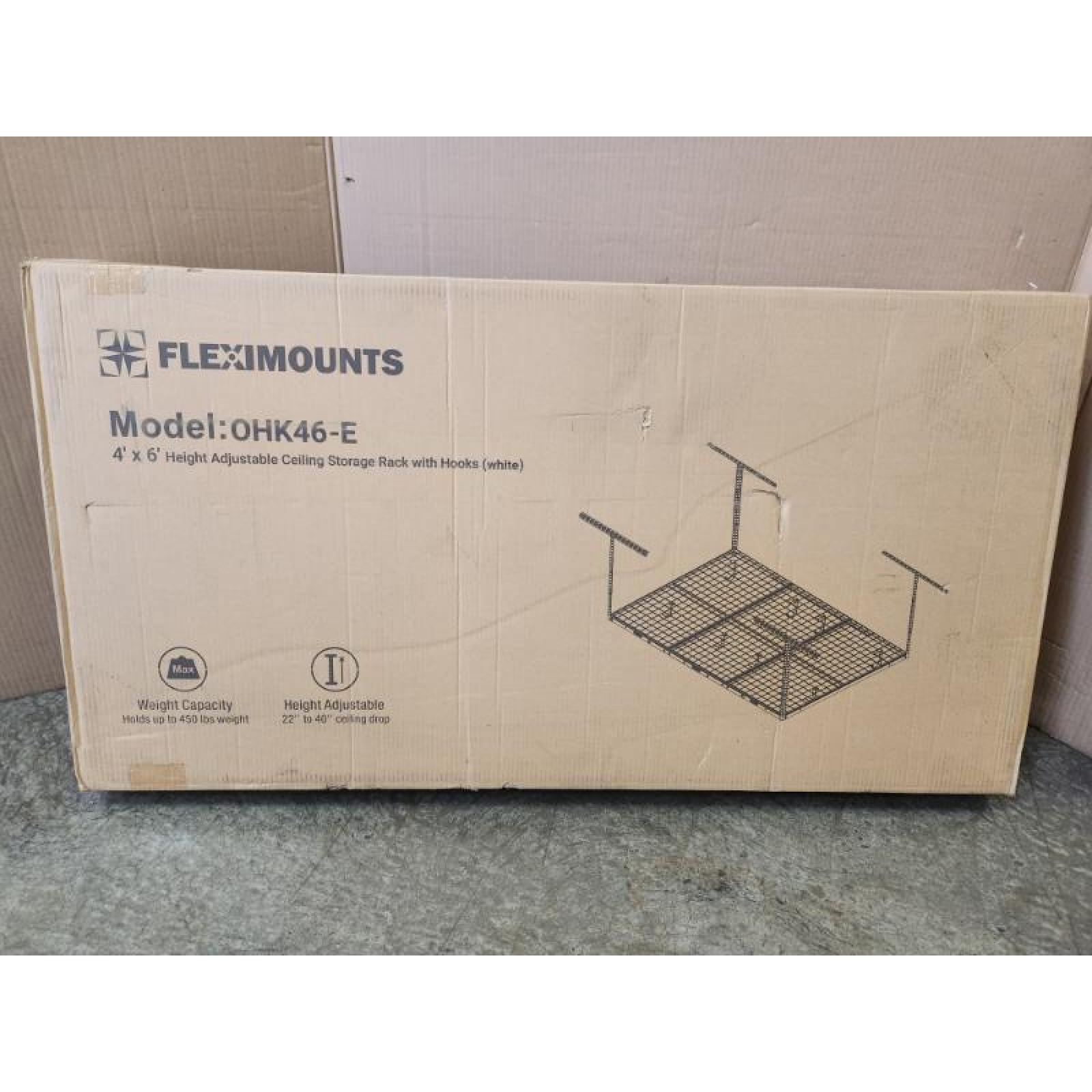 Phoenix NEW FLEXIMOUNTS OHK Series 48 in. W x 72 in. D x 22-40 in. H White Ceiling Mounted Overhead Garage Storage Rack with Accessory Hooks