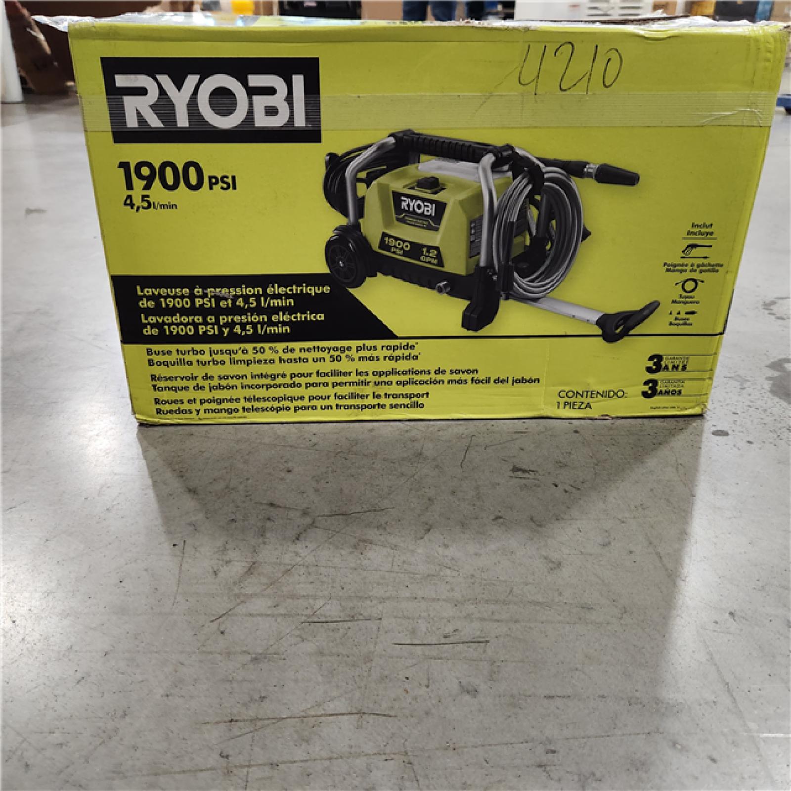 NEW - RYOBI 1900 PSI 1.2 GPM Cold Water Wheeled Corded Electric Pressure Washer