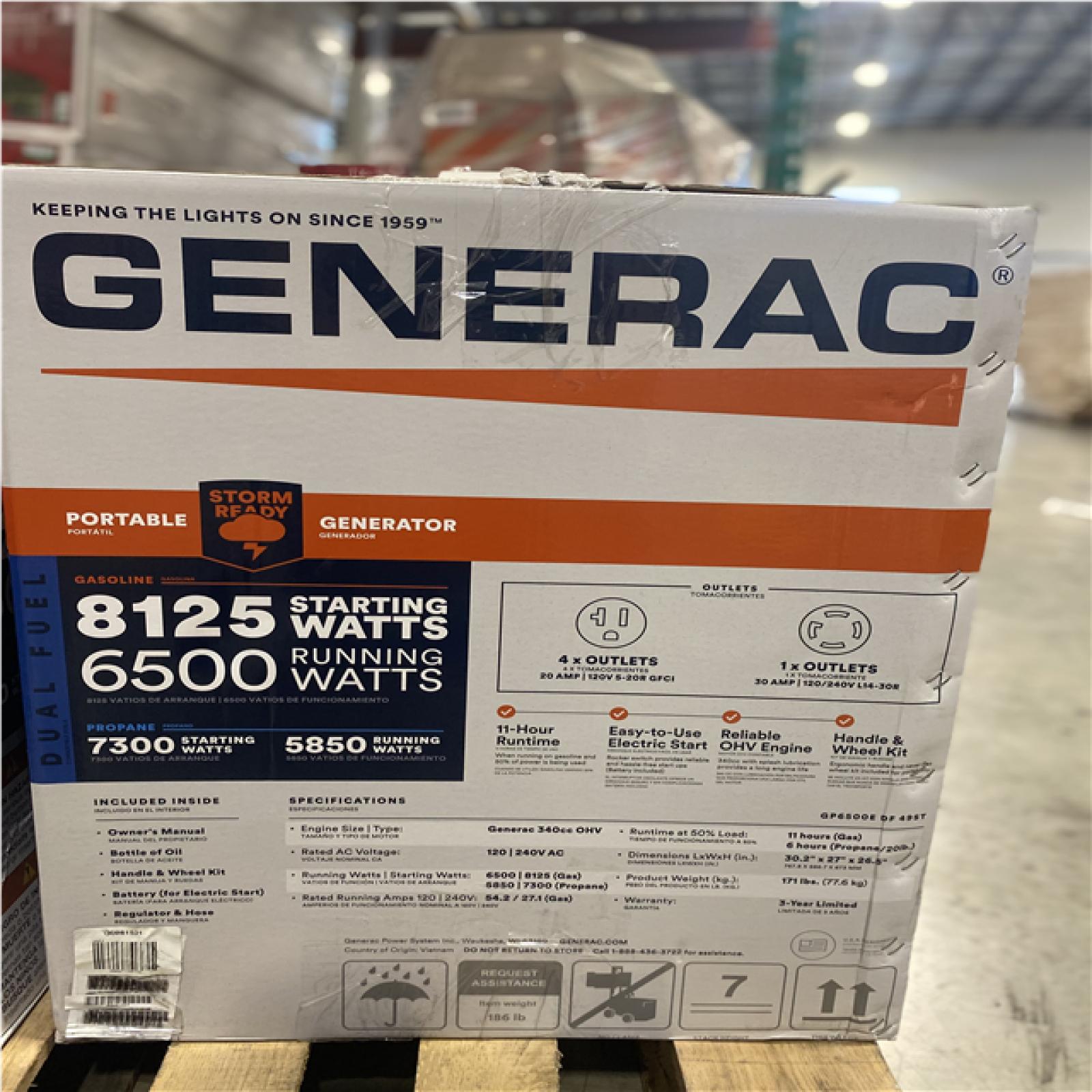 DALLAS LOCATION- Generac 8125/6500-Watt-Electric Switch Gasoline/Propane-Portable Generator