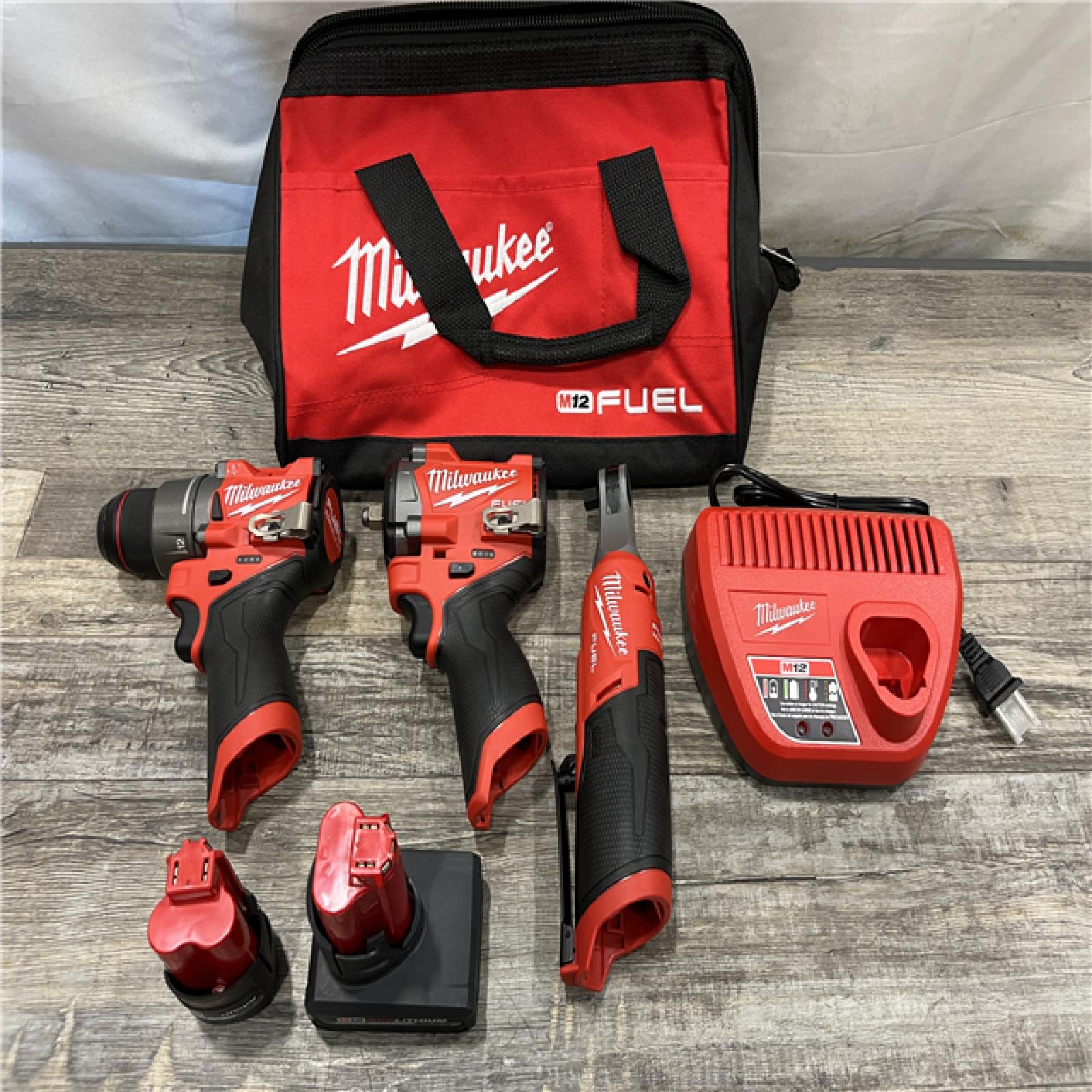 AS-IS Milwaukee FUEL 12V Lithium-Ion Cordless Drill Driver  Impact Wrench  and Ratchet Combo Kit