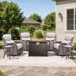 Phoenix NEW moosprr MoonLuxe Brown Wicker Fire Pit Conversation Set with Beige Olefin 6 In. Thick Cushions Patio Swivel Chairs (7-Piece)