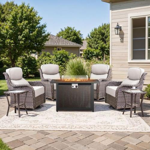 Phoenix NEW moosprr MoonLuxe Brown Wicker Fire Pit Conversation Set with Beige Olefin 6 In. Thick Cushions Patio Swivel Chairs (7-Piece)