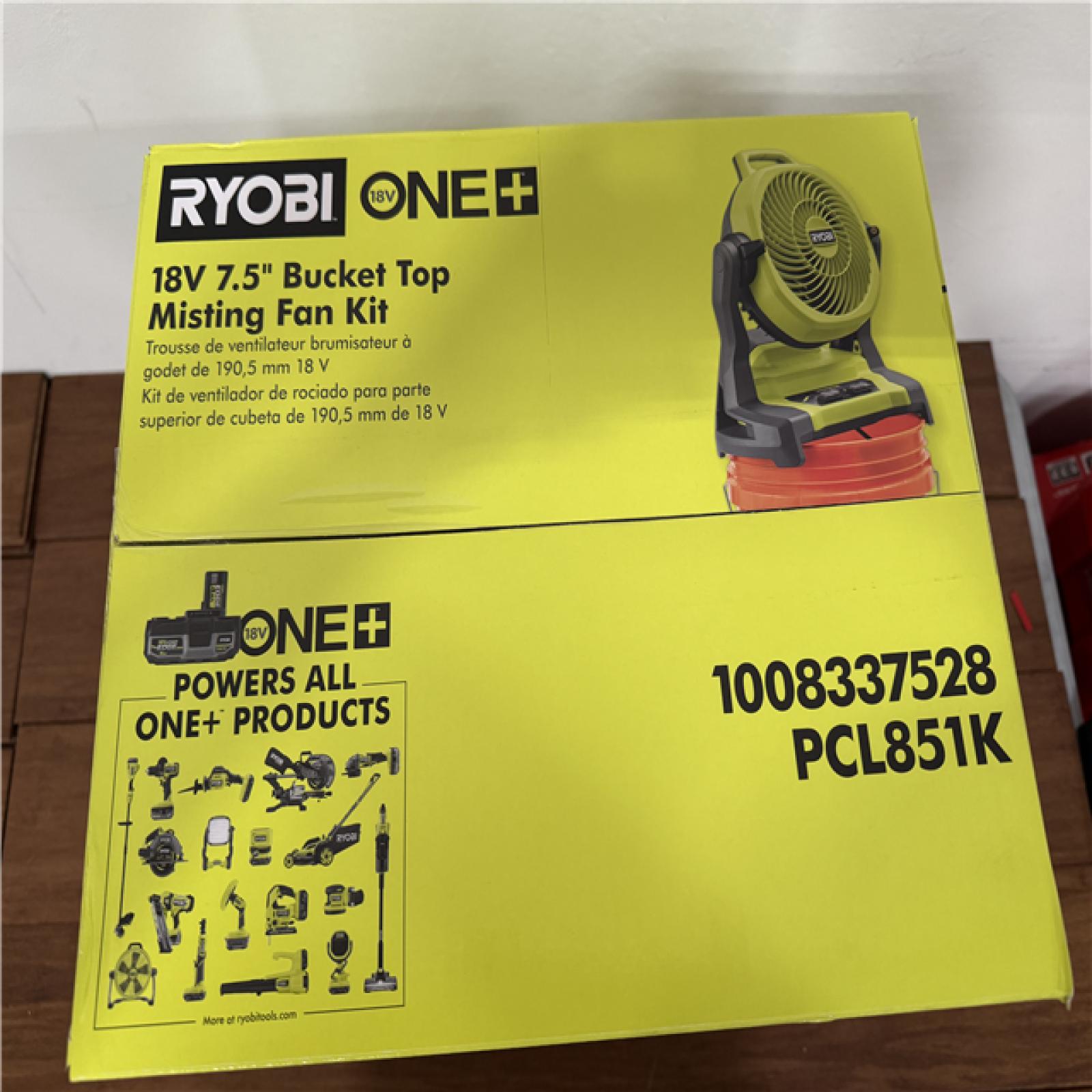 California NEW Sealed Box Ryobi 18V 7.5 Bucket Top Misting Fan Kit, Includes (1) Battery & Charger