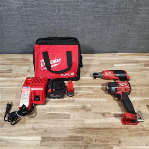 HOUSTON LOCATION - AS-IS Milwaukee FUEL 18V Cordless Mid Torque 1/2 in. Impact Wrench w/ M12 FUEL 3/8 in. Ratchet & Battery/Charger Combo Kit