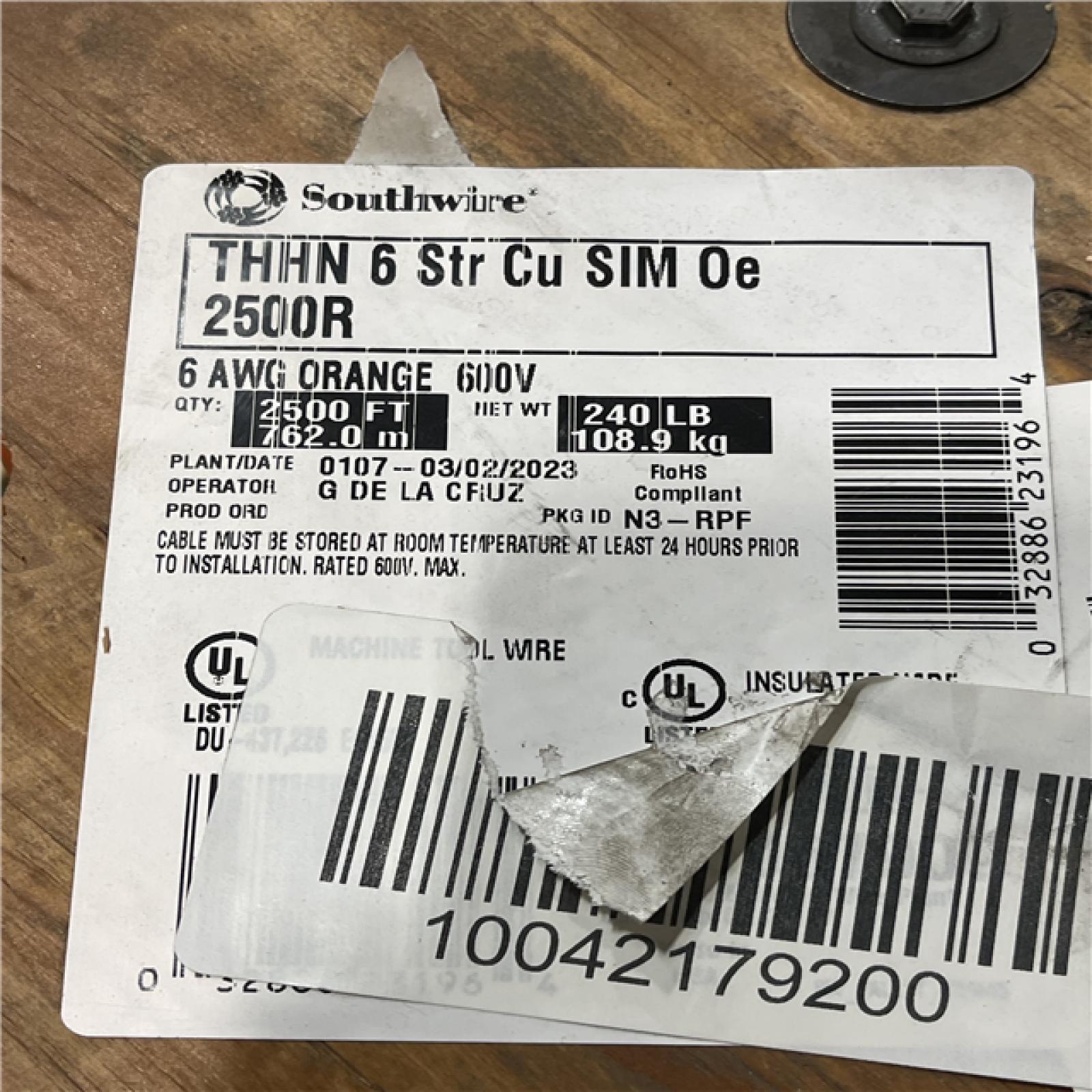 DALLAS LOCATION - AS-IS Southwire 2,500 ft. 6 Orange Stranded CU SIMpull THHN Wire (SEE NOTES)