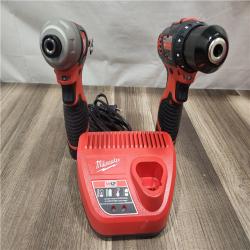 AS-IS- Milwaukee M12 Cordless Combination 3/8  Drill / Driver and 1/4  Hex Impact Driver Dual Power Tool Kit (2 Lithium Ion Batteries  Charger   and B