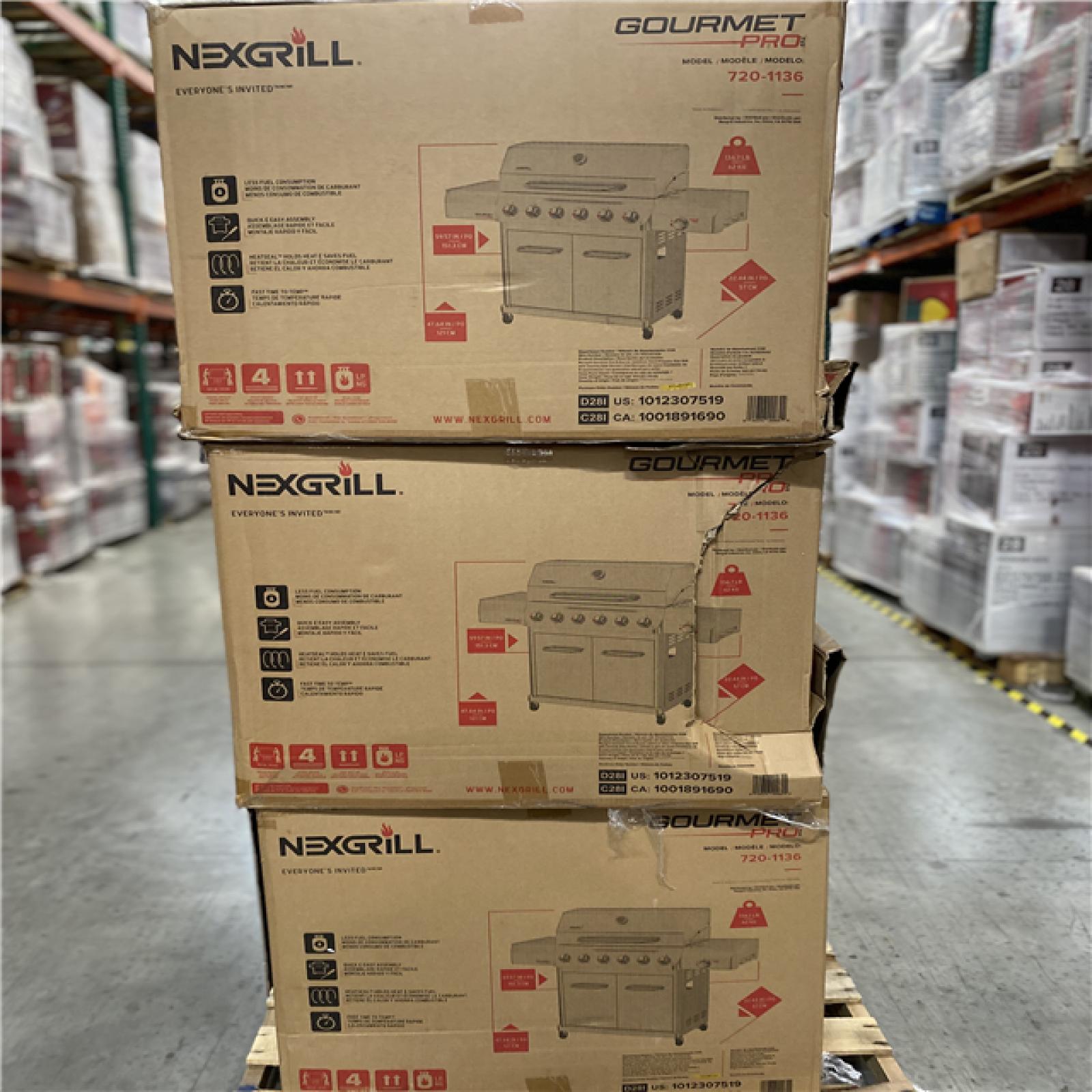 DALLAS LOCATION- NEW!- Nexgrill Gourmet Pro 6-Burner Stainless Steel Propane Gas Grill with Searing Side Burner and Griddle Max Insert PALLET (3 UNITS)