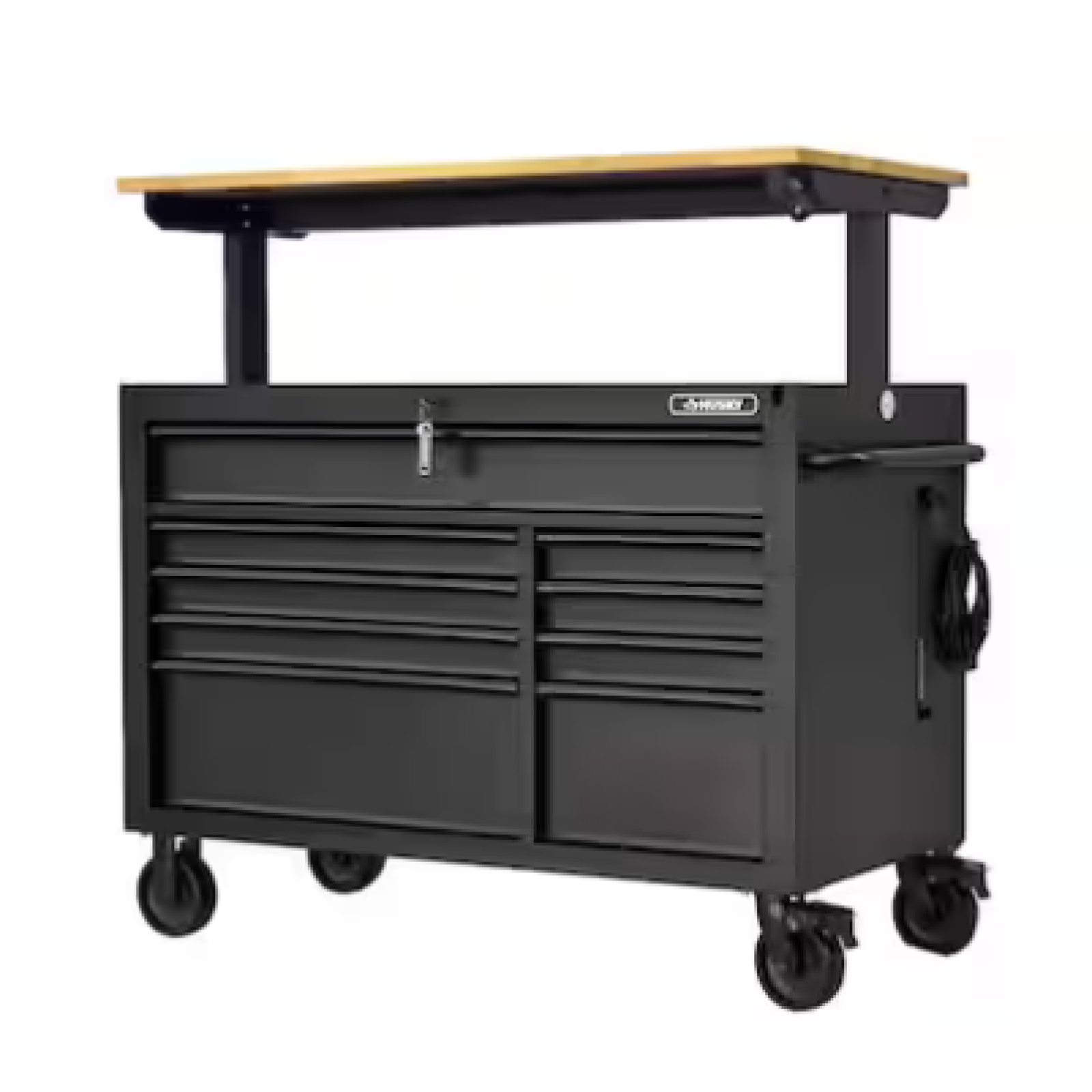 DALLAS LOCATION- AS IS - HUSKY 52 in. W x 25 in. D Heavy Duty 9-Drawer Mobile Workbench w/ Adjustable-Height Wood Top (Matte Black)