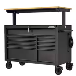 DALLAS LOCATION- AS IS - HUSKY 52 in. W x 25 in. D Heavy Duty 9-Drawer Mobile Workbench w/ Adjustable-Height Wood Top (Matte Black)