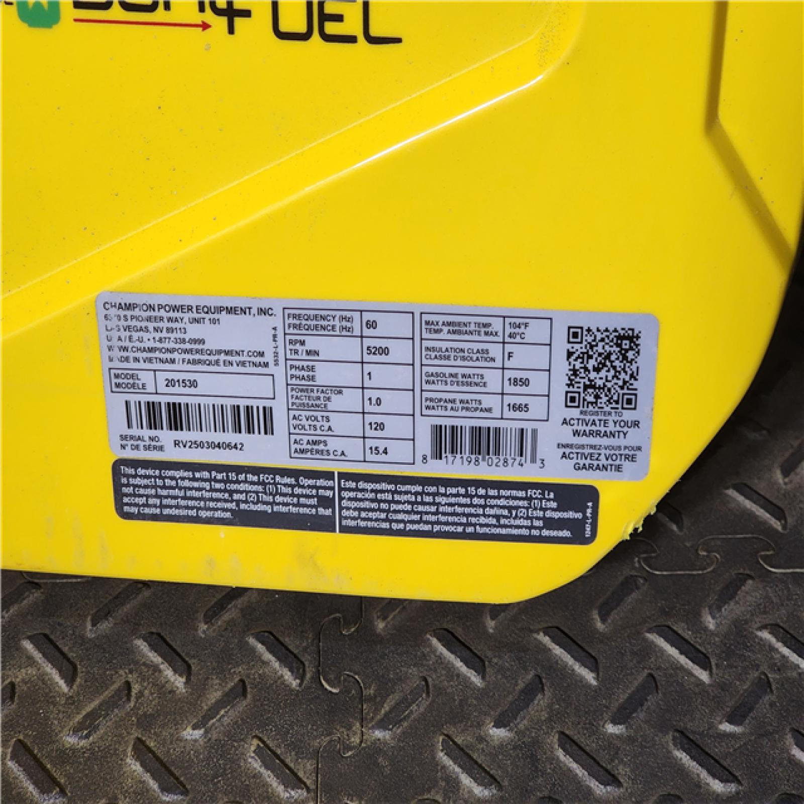 HOUSTON LOCATION - AS-IS CHAMPION 2500/1850-Watt Recoil Start Gasoline/Propane Powered Dual Fuel Inverter Generator with Quiet Technology and CO Shield
