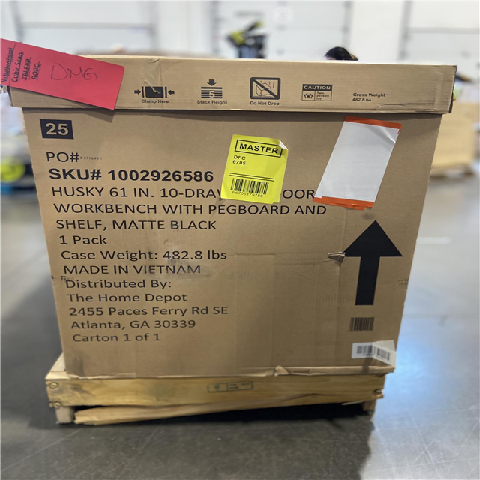 DALLAS LOCATION - Husky 61 in. W x 26 in. D Heavy Duty 10-Drawer 1-Door Mobile Workbench with Hardwood Top, Pegboard and Shelf in Matte Black