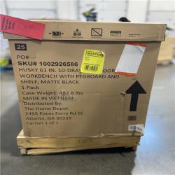 DALLAS LOCATION - Husky 61 in. W x 26 in. D Heavy Duty 10-Drawer 1-Door Mobile Workbench with Hardwood Top, Pegboard and Shelf in Matte Black