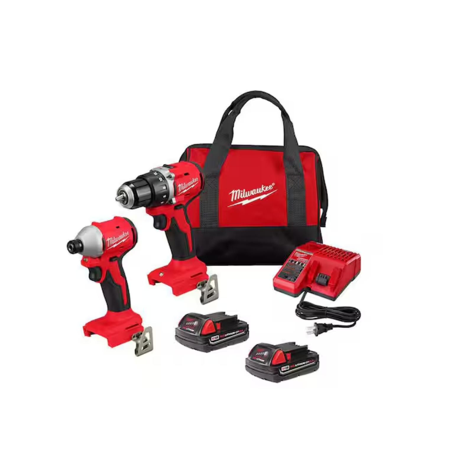 NEW! - Milwaukee M18 18V Lithium-Ion Brushless Cordless Compact Drill/Impact Combo Kit (2-Tool) w/(2) 2.0 Ah Batteries  Charger & Bag