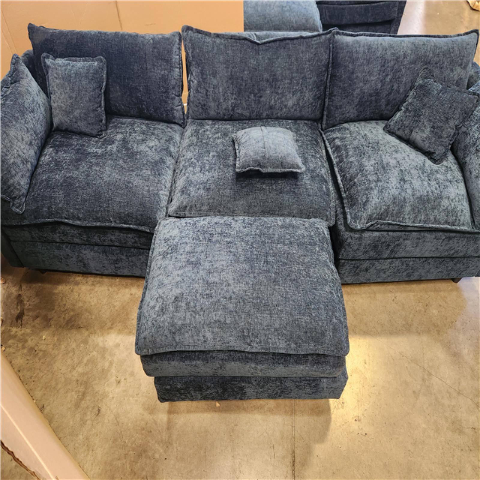 Phoenix AS-IS GOJANE 112.2 in. Square Arm L-Shaped Chenille Deluxe Pillow-Styled Modular Sectional Sofa in. Blue with 1 Ottoman