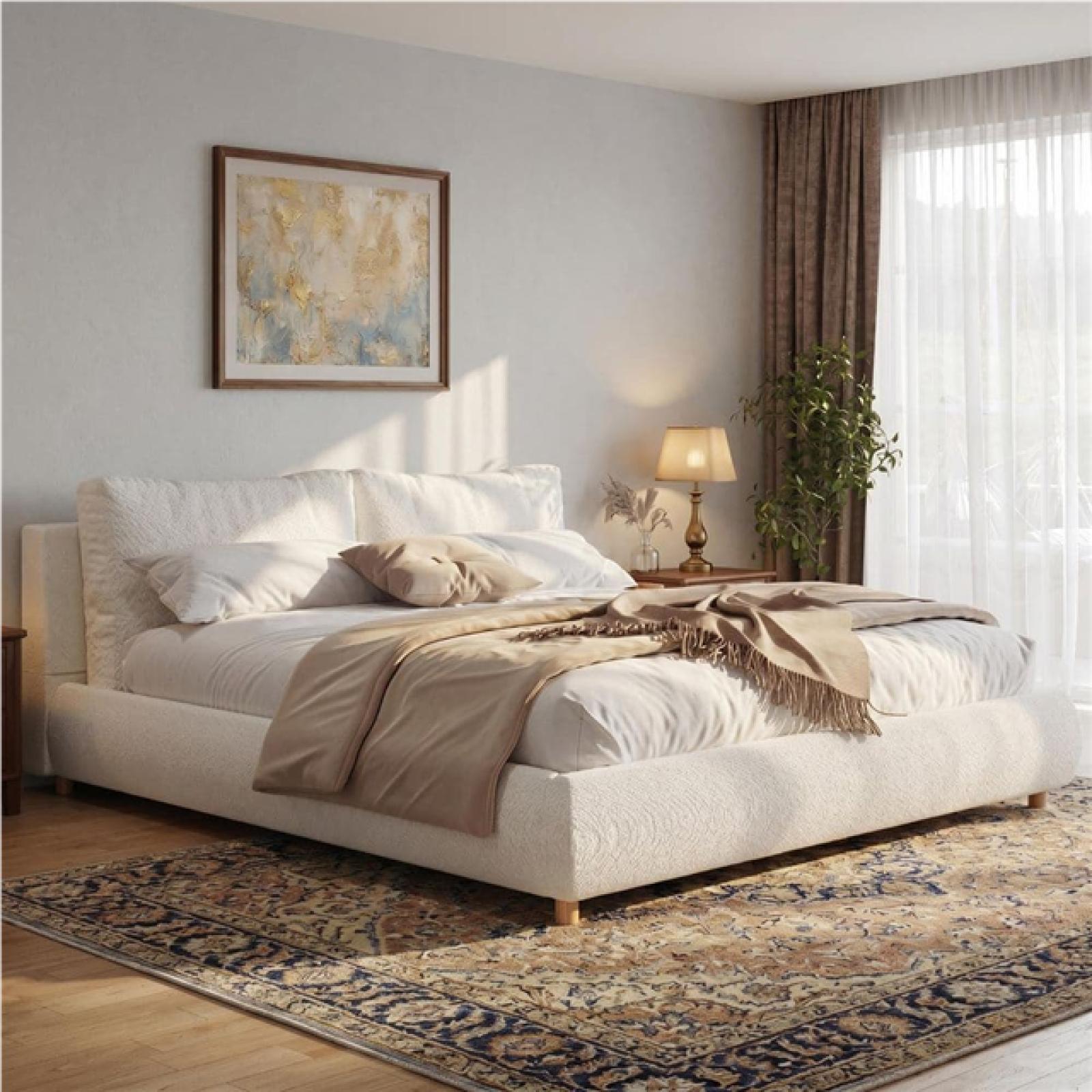Phoenix NEW Harper & Bright Designs White Wood Frame King Size Boucle Fabric Upholstered Platform Bed with 2-Removable Pillow Headboard