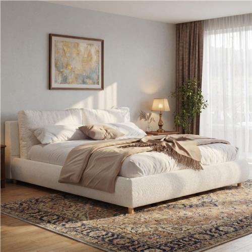 Phoenix NEW Harper & Bright Designs White Wood Frame King Size Boucle Fabric Upholstered Platform Bed with 2-Removable Pillow Headboard