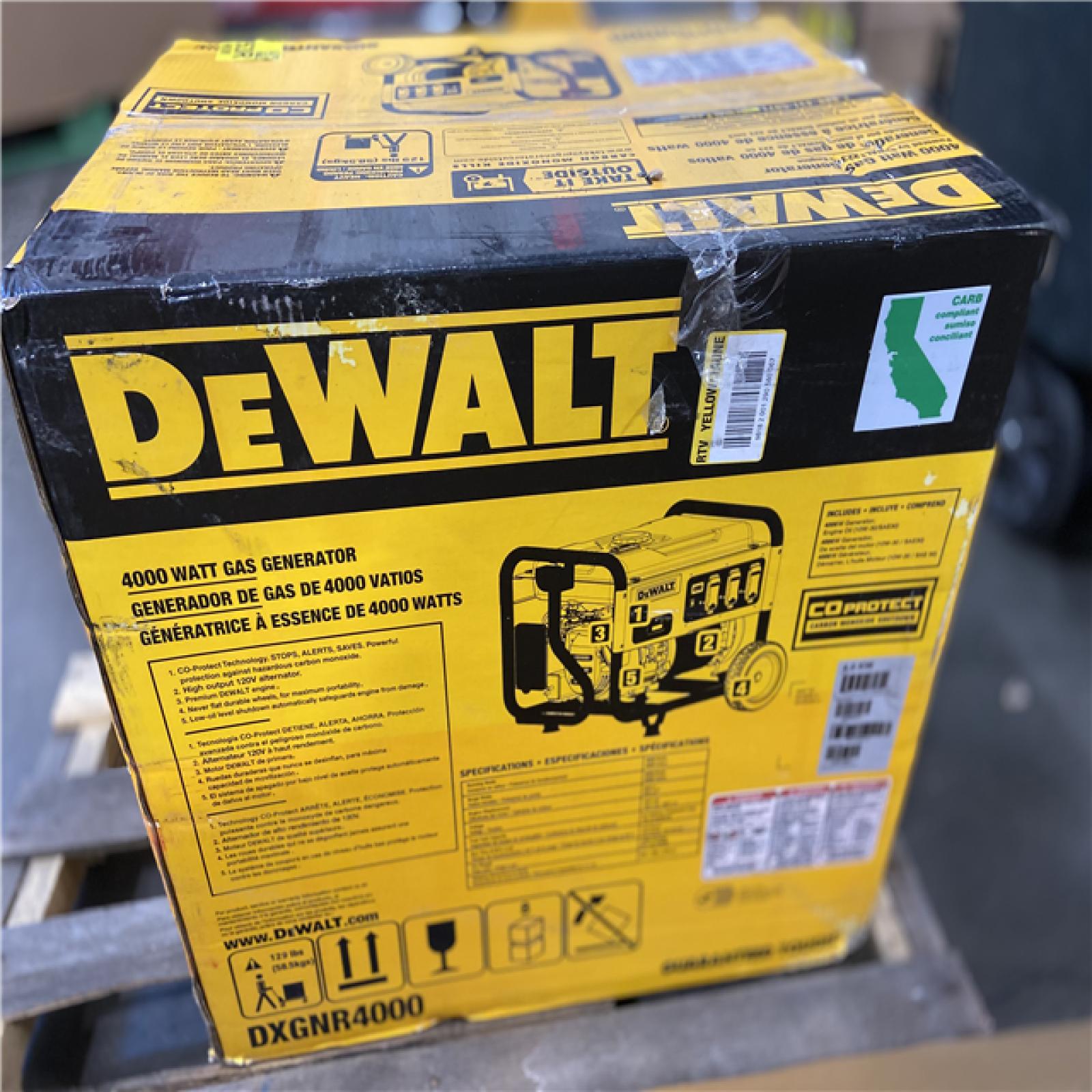 DALLAS LOCATION - NEW DEWALT 4500 / 4000- Watt Gas Powered Portable Generator with Idle Control, Covered Outlets and CO Protect -DXGNR4000