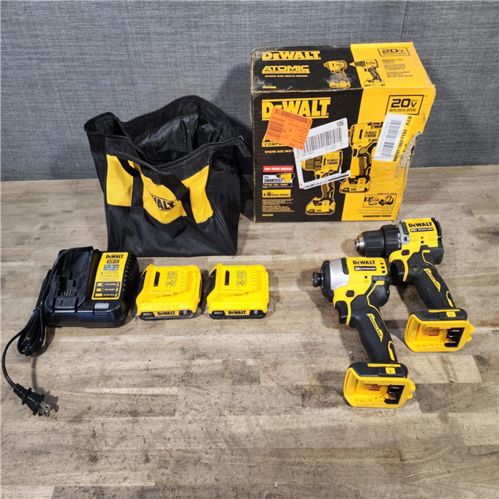 HOUSTON LOCATION - AS-IS Dewalt DCK225D2 20V MAX ATOMIC Brushless Compact Lithium-Ion 1/2 in. Cordless Drill Driver and 1/4 in. Impact Driver Combo Kit with 2 Batteries 2 Ah