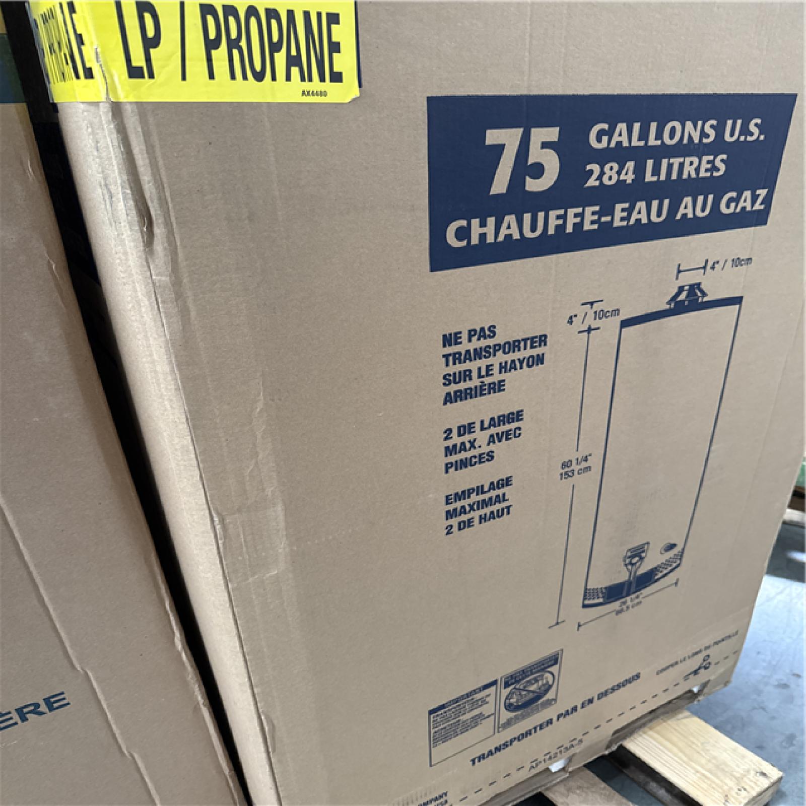 California NEW Rheem 75 Gallons Propane Gas Water Heater & AO Smith ProLine Commercial Grade 40-Gallon Natural Gas Water Heater