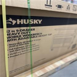 DALLAS LOCATION - Husky 52 in. W x 25 in. D Heavy Duty 9-Drawer Mobile Workbench Cabinet with Adjustable-Height Hardwood Top in Matte Black
