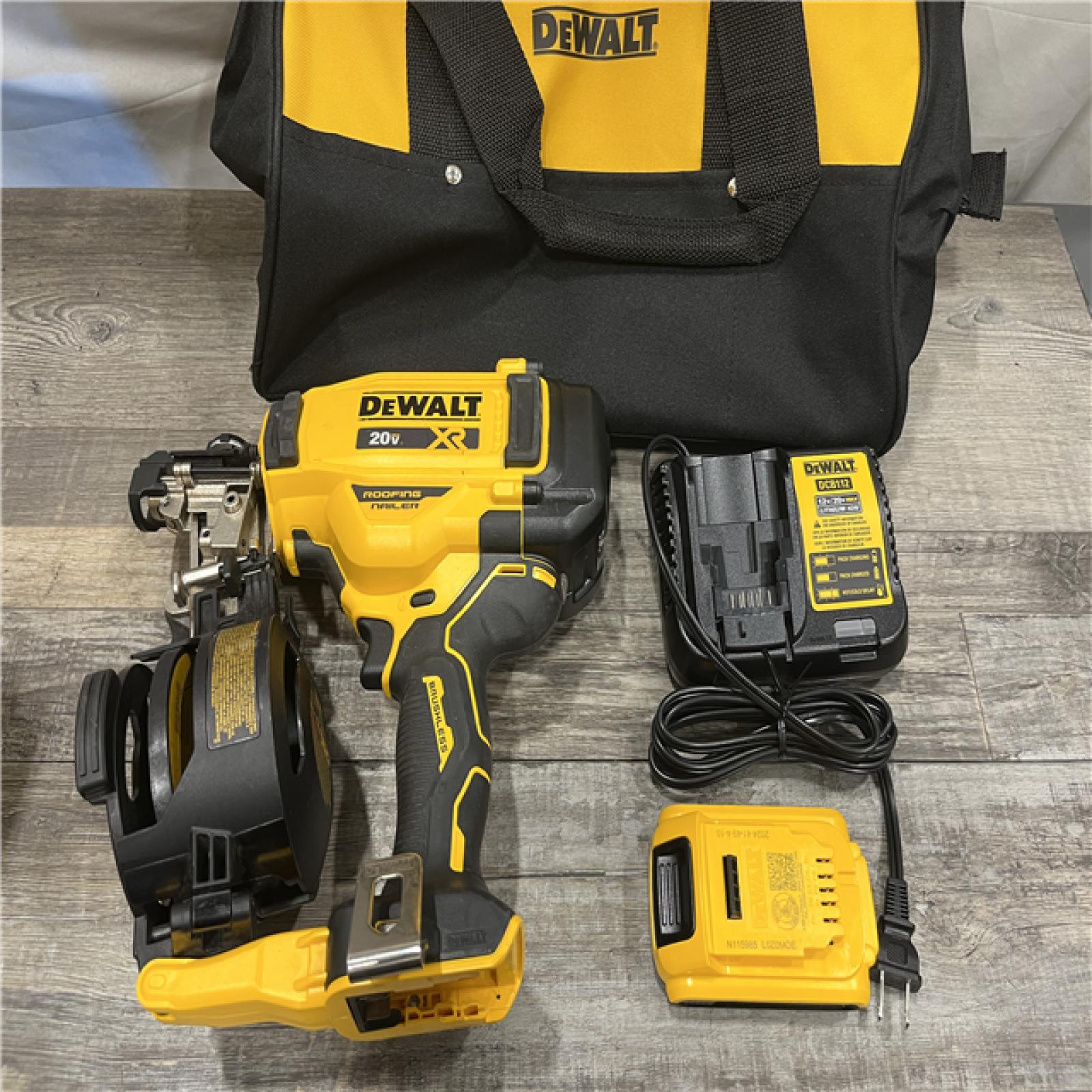 AS-IS DEWALT 20V MAX Lithium-Ion 15-Degree Electric Cordless Roofing Nailer Kit