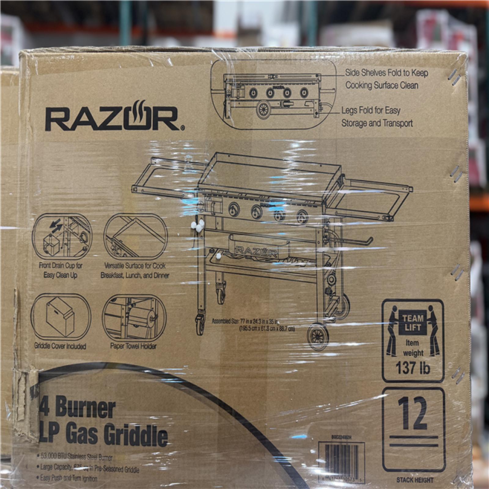 DALLAS LOCATION - Razor 37 in. 4-Burner Portable Propane Gas Griddle Flat Top Grill in Black with Foldable Shelves and Cover PALLET- (8 UNITS)