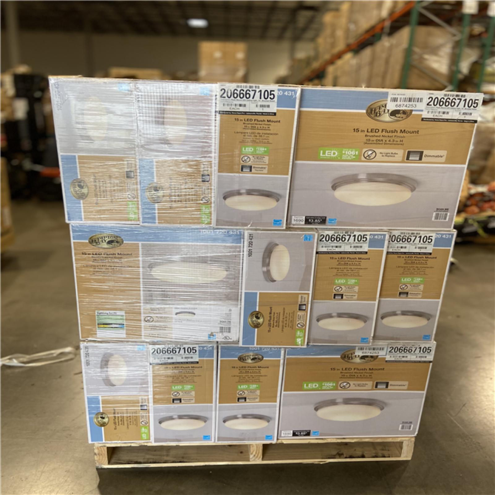 DALLAS LOCATION - Hampton Bay 15 in. 225-Watt Equivalent Brushed Nickel Integrated LED Flush Mount with Frosted Glass Shade (40 UNITS)