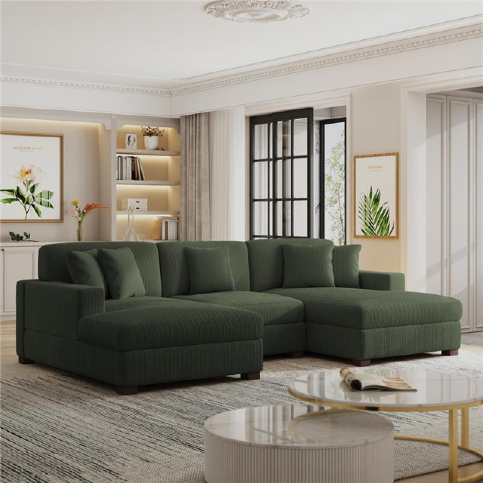 Phoenix AS-IS Uixe 118 in. Square Arm 3-Piece Corduroy Upholstered U-Shaped Sectional Sofa in. Green