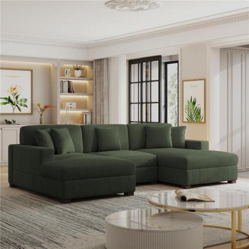 Phoenix AS-IS Uixe 118 in. Square Arm 3-Piece Corduroy Upholstered U-Shaped Sectional Sofa in. Green