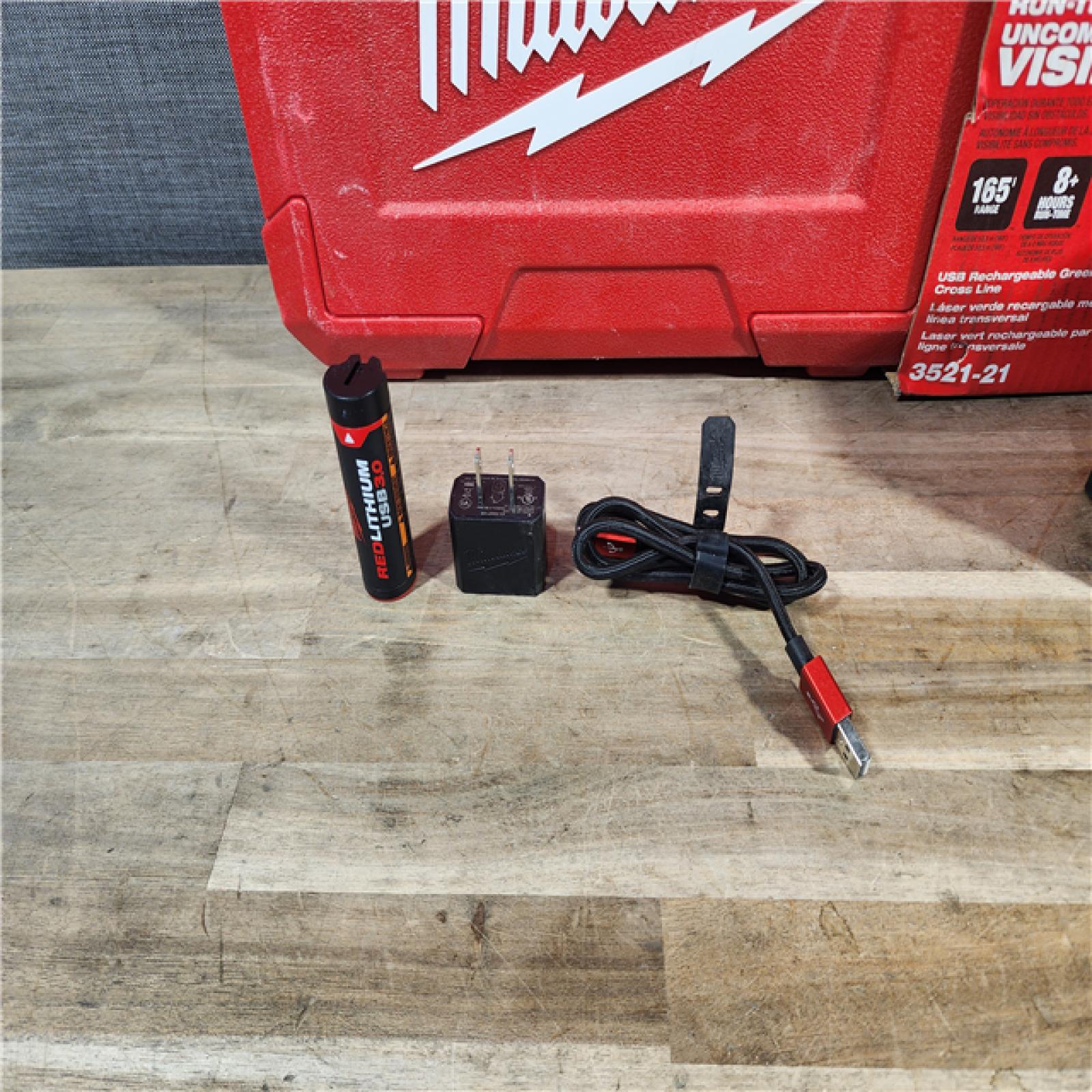 HOUSTON LOCATION - AS-IS MILWAUKEE 100 Ft. REDLITHIUM Lithium-Ion USB Green Rechargeable Cross Line Laser Level with Charger