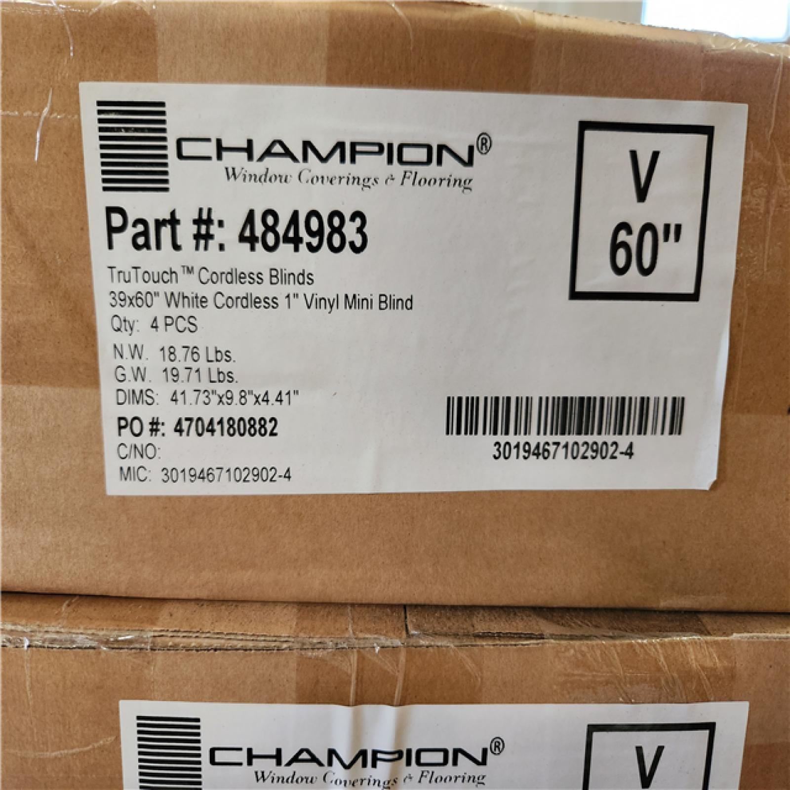 Phoenix Location NEW Champion TruTouch Cordless Blinds 39x60 White Cordless 1 Vinyl Blind 4Pcs Pallet (44 Boxes)