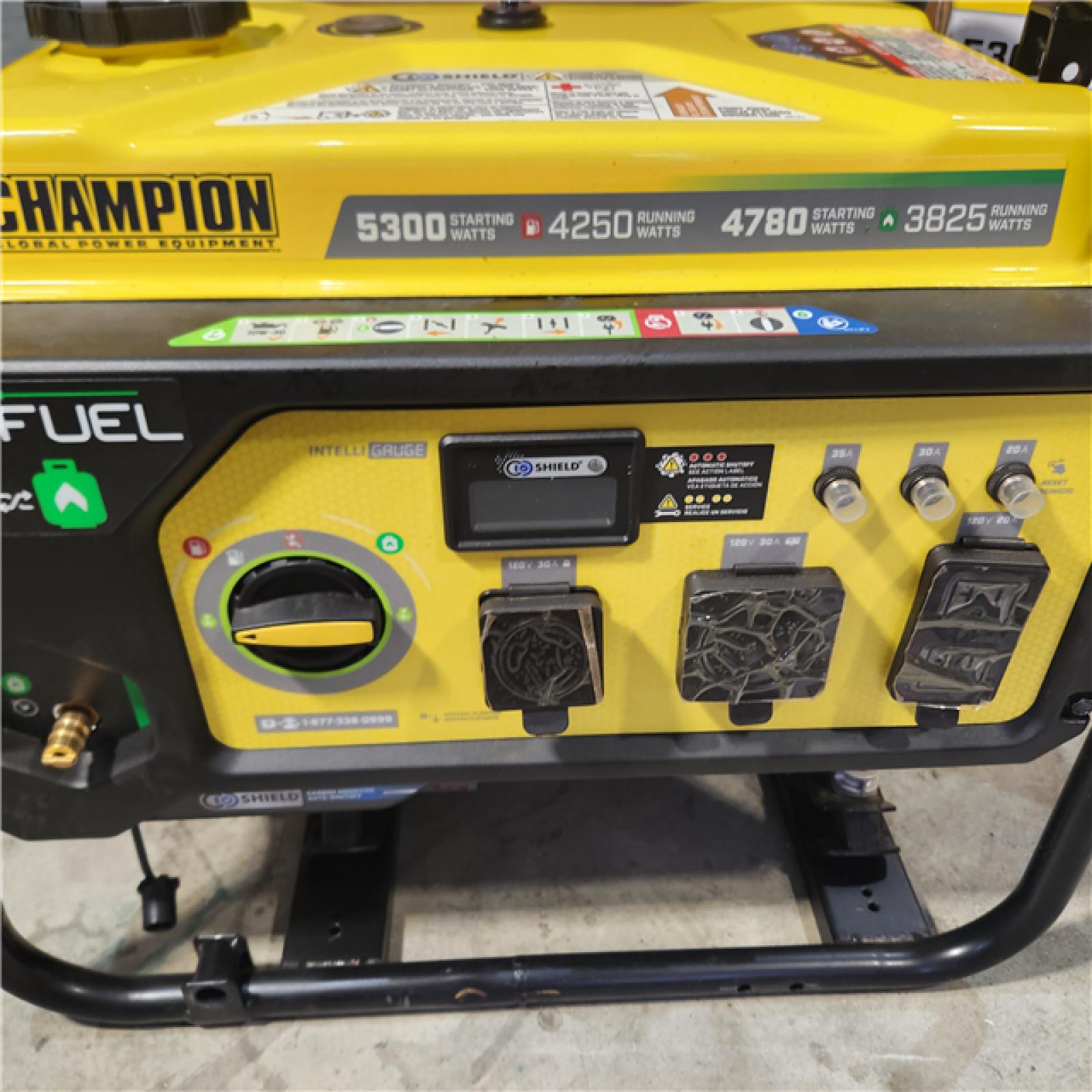Houston location AS-IS Champion Power Equipment 5300/4250-Watt Recoil Start Gasoline and Propane Dual Fuel Powered Portable Generator with CO Shield - Appears IN LIKE NEW Condition
