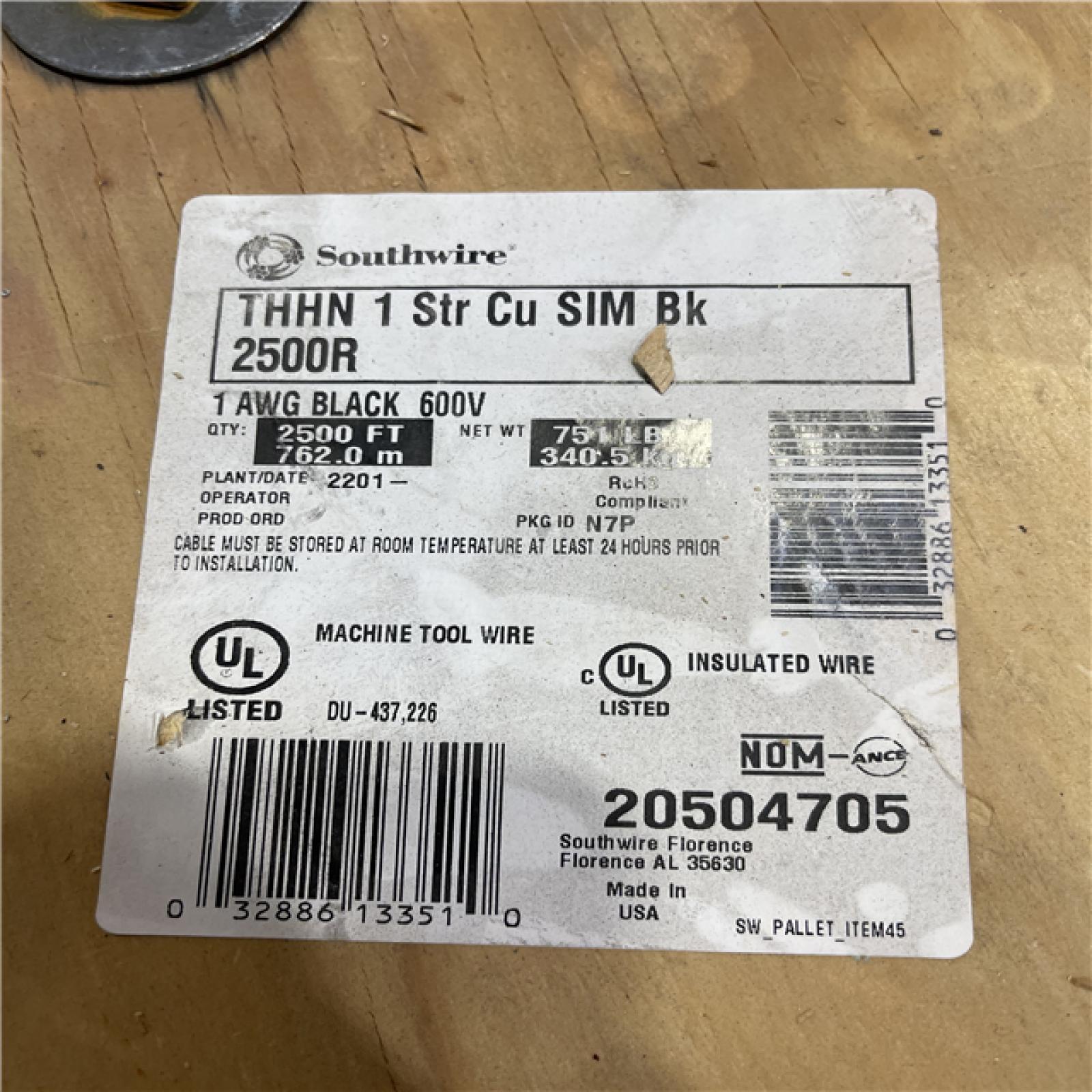 DALLAS LOCATION - AS-IS Southwire 2,500 ft. 1 Black Stranded CU SIMpull THHN Wire (SEE NOTES)