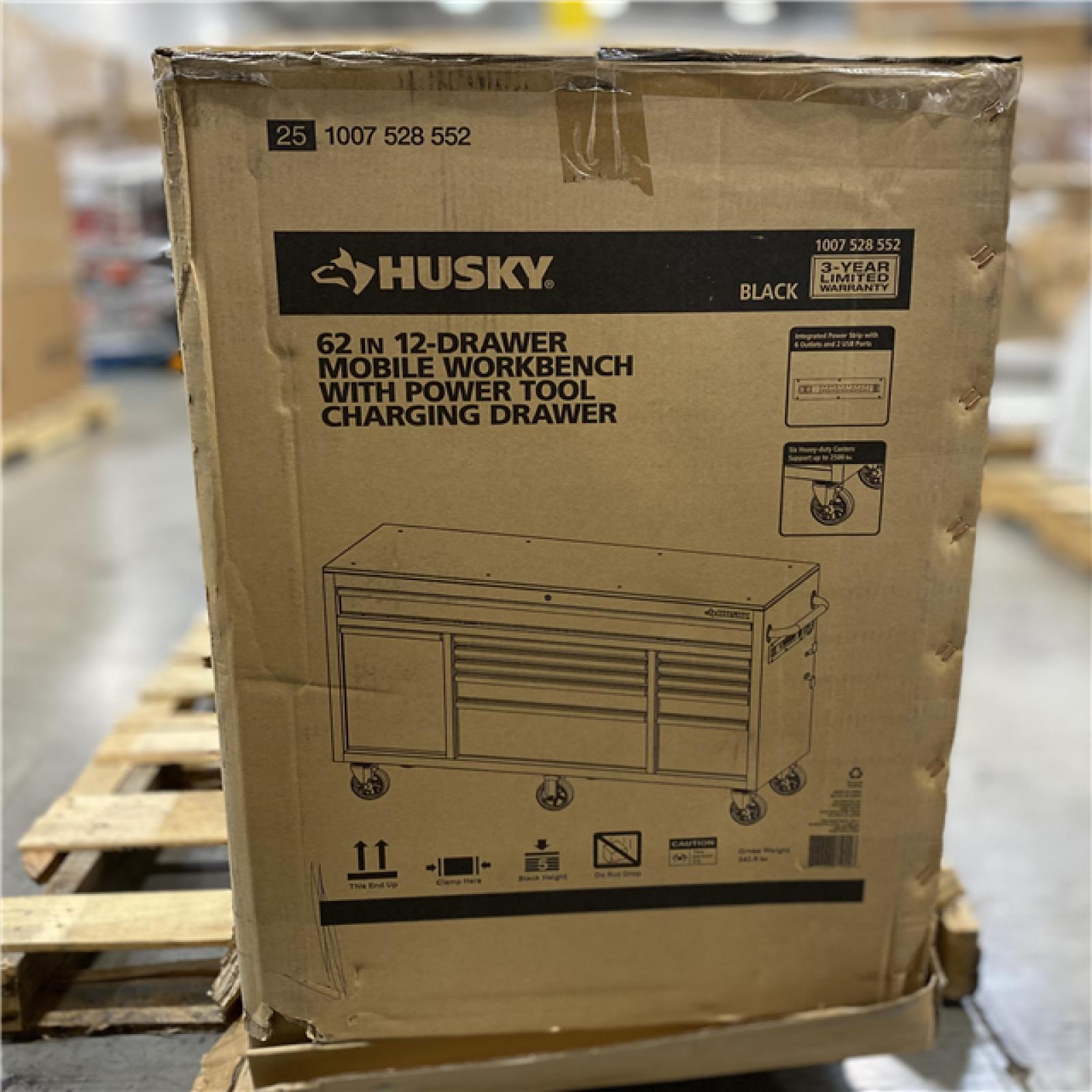 DALLAS LOCATION -  Husky 62 in. W x 20 in. D 12-Drawer Gloss Black Mobile Workbench Cabinet with Solid Wood Top and Power Drawer