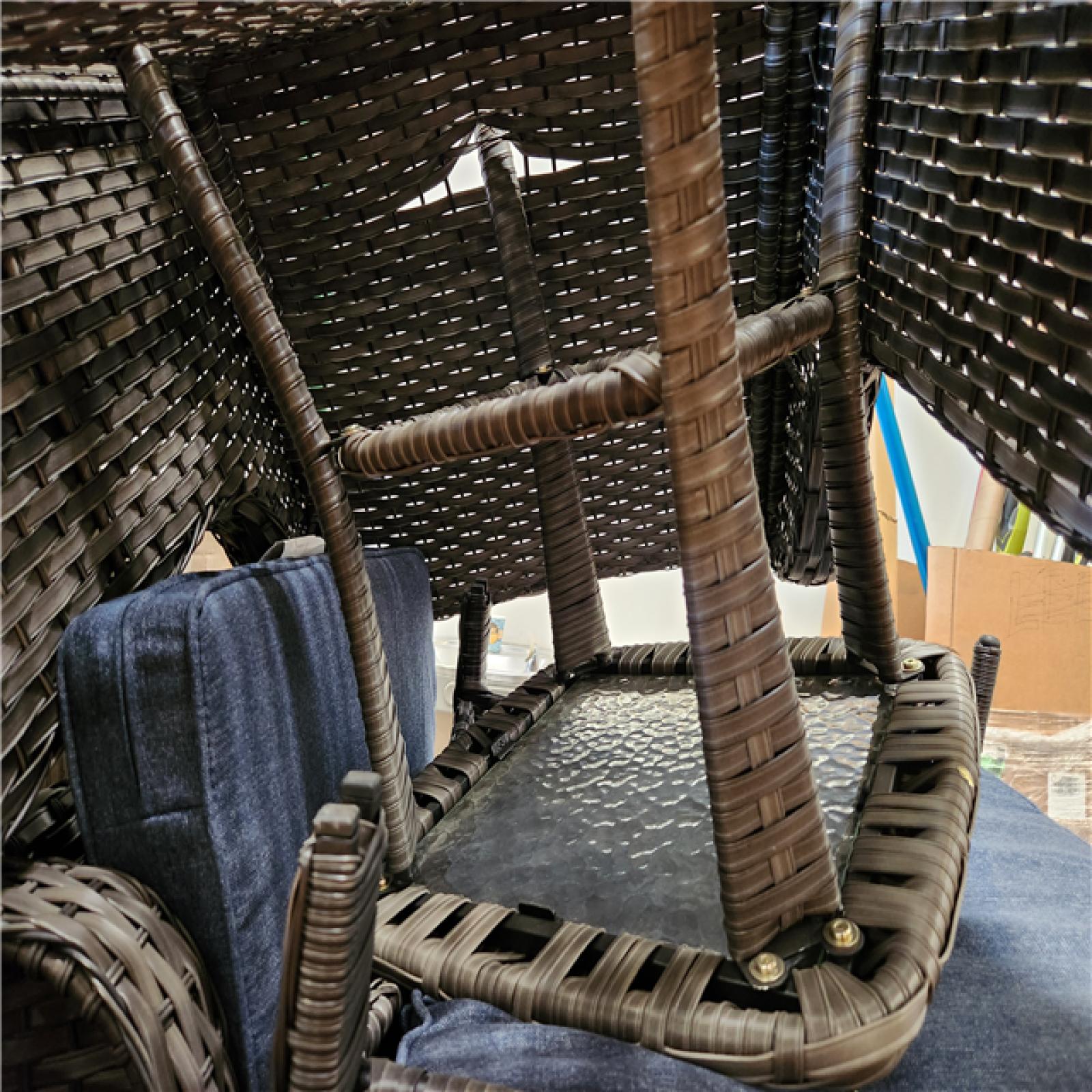 Phoenix OVIOS Joyoung Gray 9-Piece Wicker Patio Rectangle Fire Pit Conversation Set with Denim Blue Cushions and Swivel Chairs
