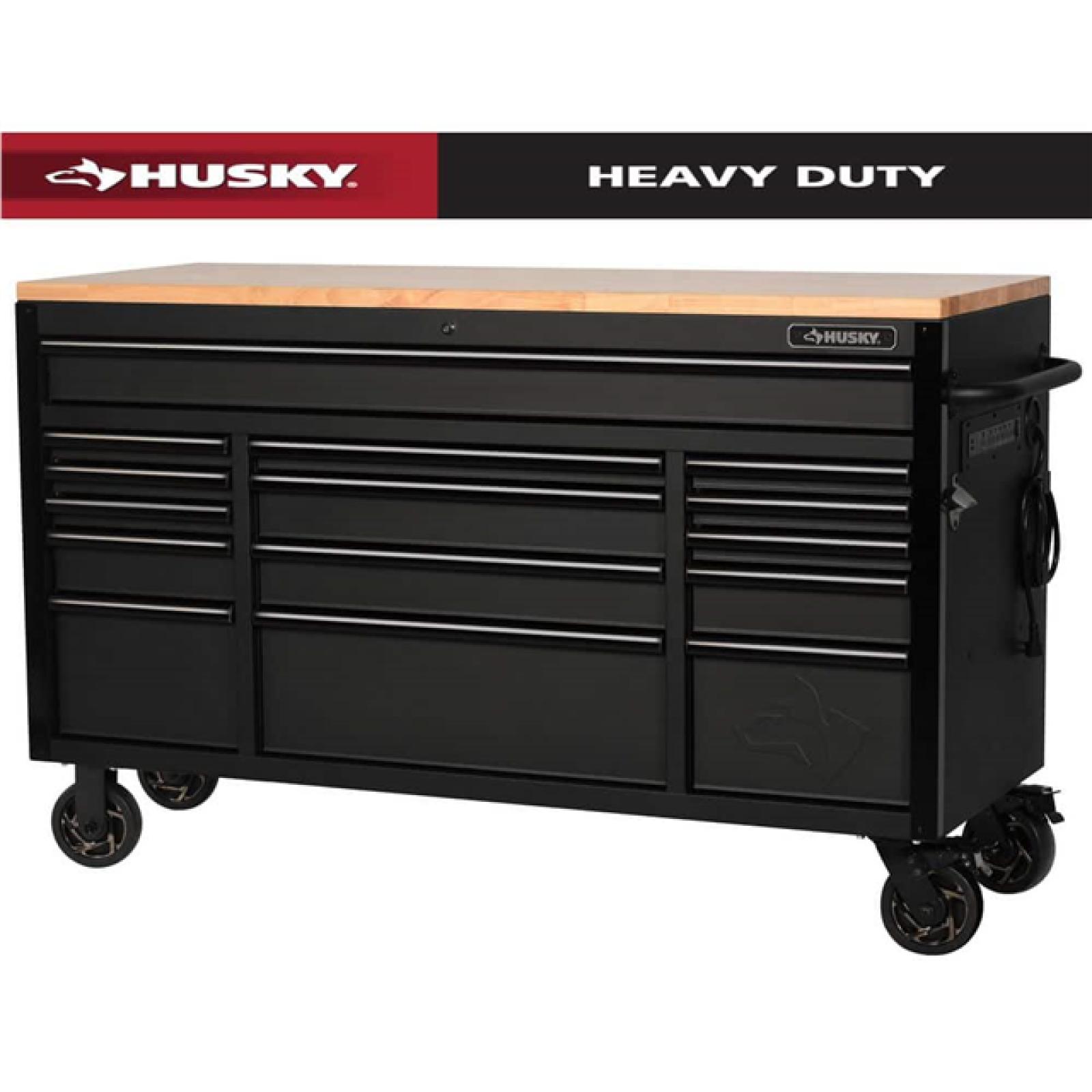 Phoenix AS-IS Husky 61 in. W x 23 in. D Heavy Duty 15-Drawer Mobile Workbench Tool Chest with Solid Wood Top in Matte Black