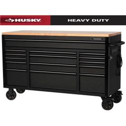 Phoenix AS-IS Husky 61 in. W x 23 in. D Heavy Duty 15-Drawer Mobile Workbench Tool Chest with Solid Wood Top in Matte Black