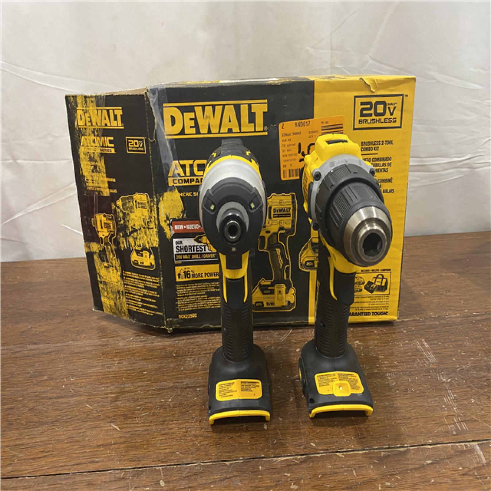 AS-IS Dewalt DCK225D2 20V MAX ATOMIC Brushless Compact Lithium-Ion 1/2 in. Cordless Drill Driver and 1/4 in. Impact Driver Combo Kit with 2 Batteries 2 Ah