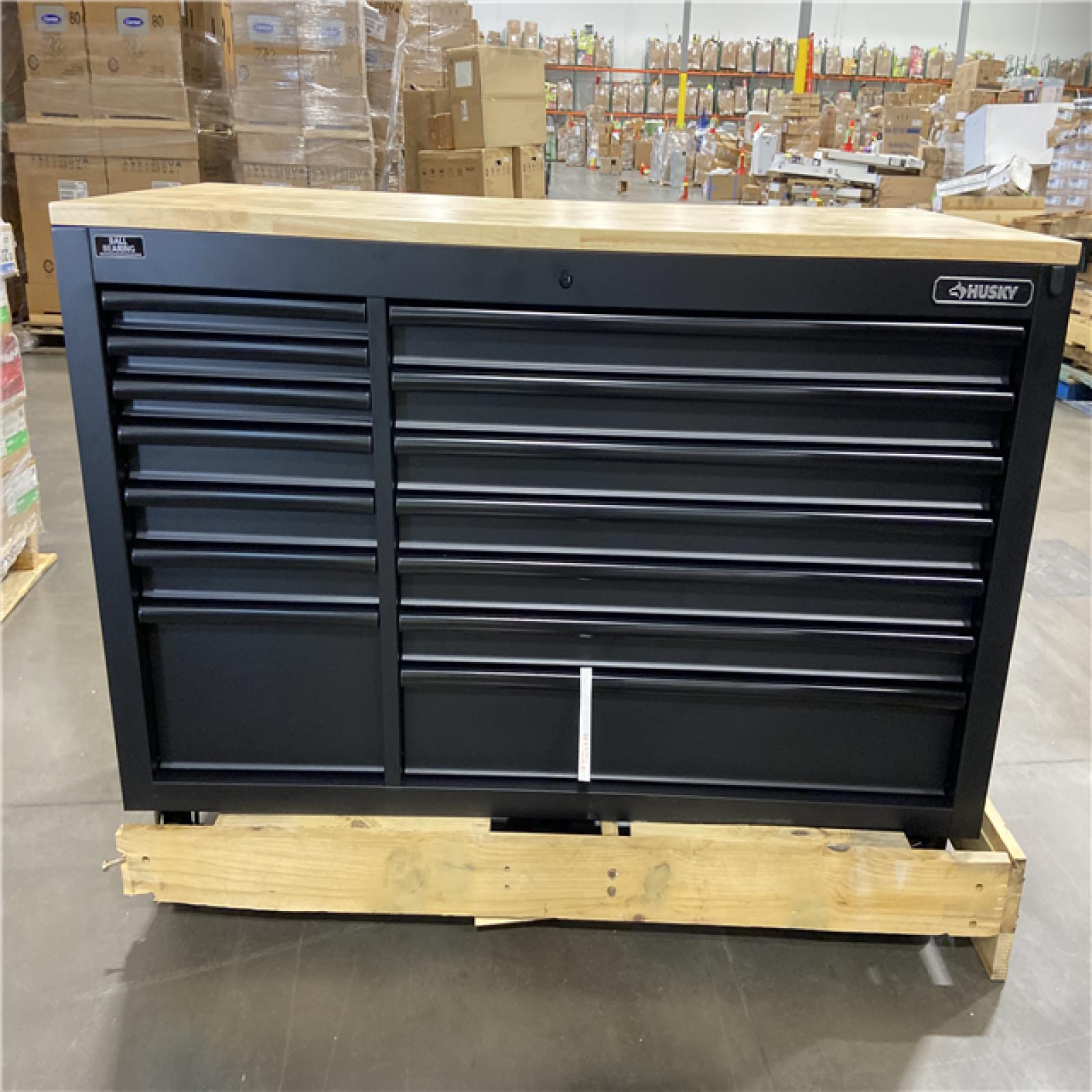 DALLAS LOCATION - Husky Tool Storage 62 in. W Heavy Duty Matte Black Mobile Workbench Cabinet with Adjustable Height Wood Top