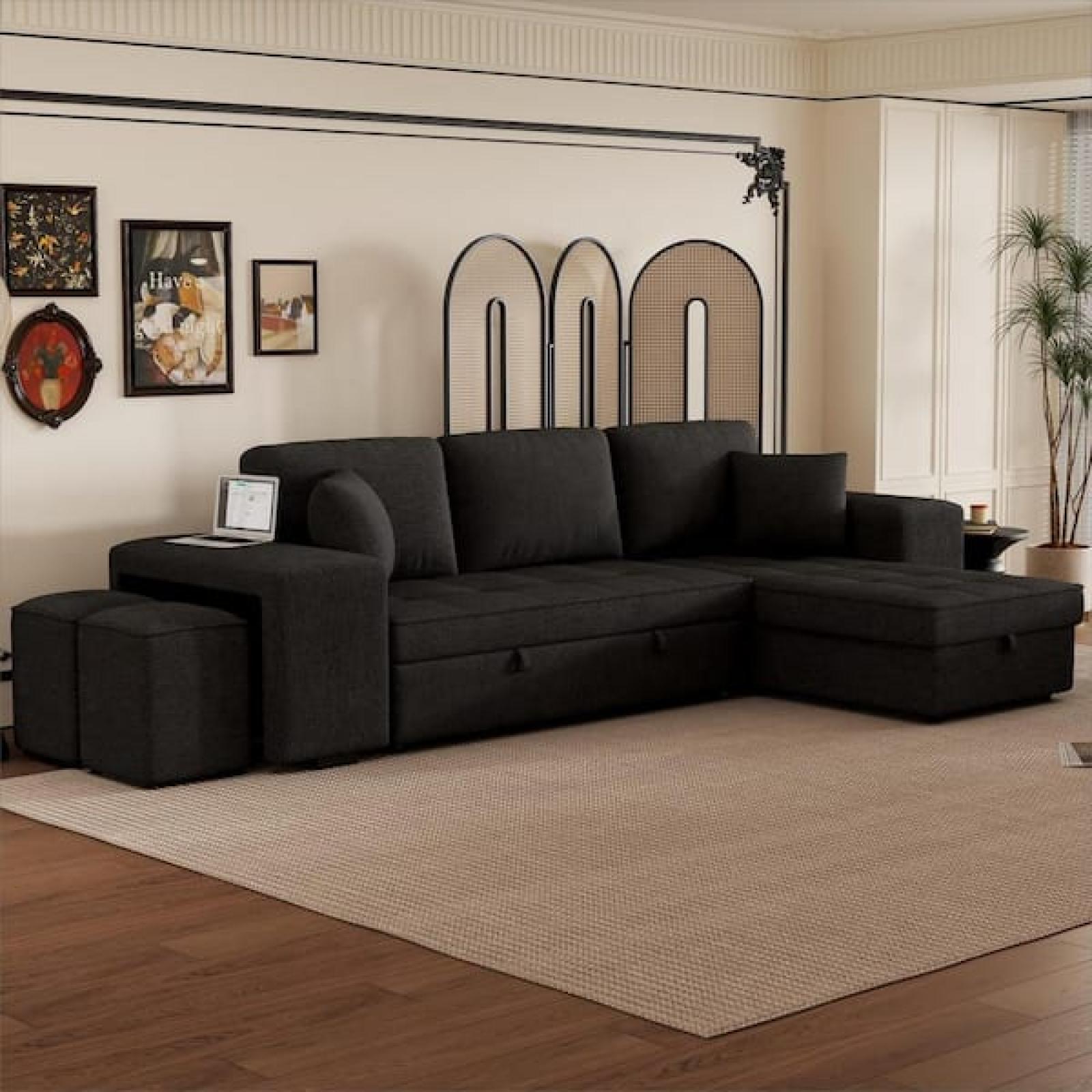 Phoenix NEW Noble House Fernhill 104 in. L-Shaped Chenille Modern Reversible Sectional Sofa in Charcoal Grey, Pull Out Sleeper, 2-Stools