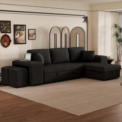 Phoenix NEW Noble House Fernhill 104 in. L-Shaped Chenille Modern Reversible Sectional Sofa in Charcoal Grey, Pull Out Sleeper, 2-Stools