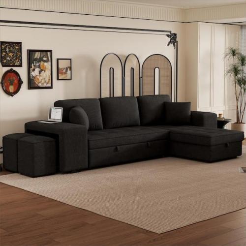 Phoenix NEW Noble House Fernhill 104 in. L-Shaped Chenille Modern Reversible Sectional Sofa in Charcoal Grey, Pull Out Sleeper, 2-Stools