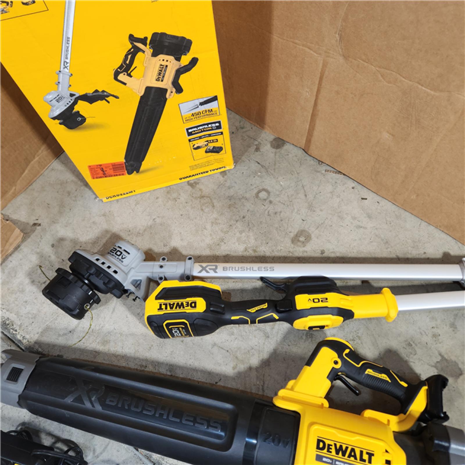 Houston location- AS-IS DEWALT 20V MAX Cordless Battery Powered String Trimmer & Leaf Blower Combo Kit with (1) 4.0 Ah Battery and Charger - Appears IN NEW Condition