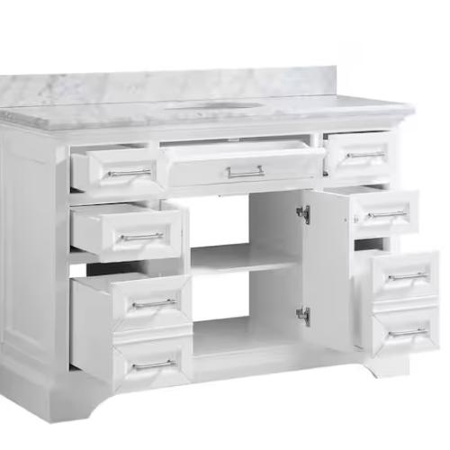 DALLAS LOCATION - Home Decorators Collection Windlowe 49 in. W x 22 in. D x 35 in. H Freestanding Bath Vanity in White with Carrara White Marble Top