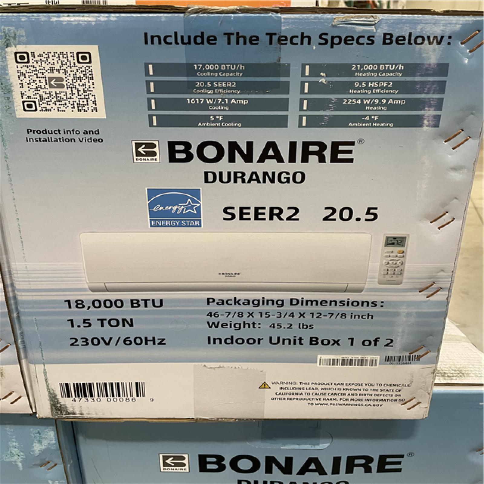 DALLAS LOCATION - NEW! BONAIRE DURANGO 18000 BTU 1.5 TON MINI SPLIT