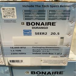 DALLAS LOCATION - NEW! BONAIRE DURANGO 18000 BTU 1.5 TON MINI SPLIT